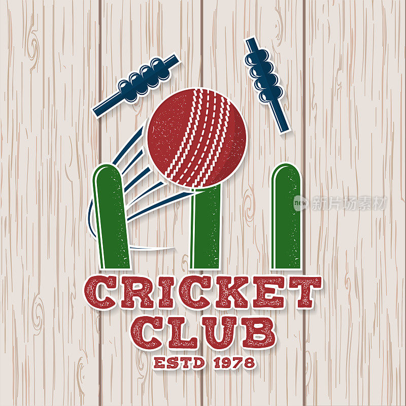 Cricket club patch or sticker. Vector. Concept for shirt, print, stamp or tee. Vintage typography design with wicket, bail and cricket ball silhouette. Templates for sports club.